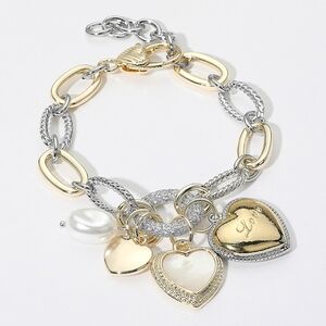 Two Tone CZ LOVE Heart Pendant Chain Link Dangle Charm Bracelet Silver Gold